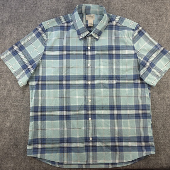 LL Bean Shirt Large Short Sleeve Button Down Blue Plaid Stretch Slightly Fitted - Picture 1 of 7